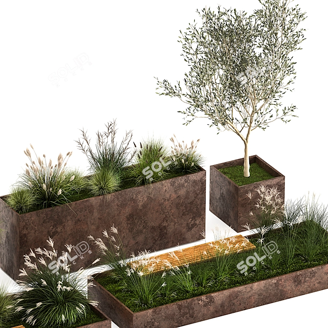 Urban Oasis Collection: Metal Bench & Rustic Planters 3D model image 3