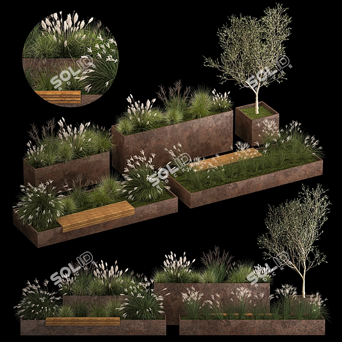 Urban Oasis Collection: Metal Bench & Rustic Planters 3D model image 5