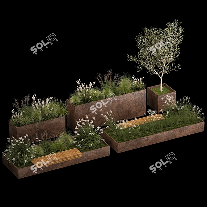 Urban Oasis Collection: Metal Bench & Rustic Planters 3D model image 6