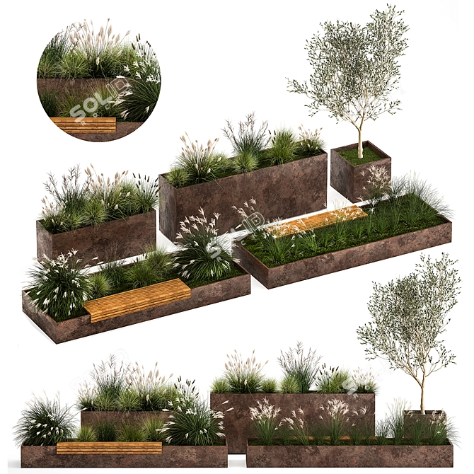 Urban Oasis Collection: Metal Bench & Rustic Planters 3D model image 8