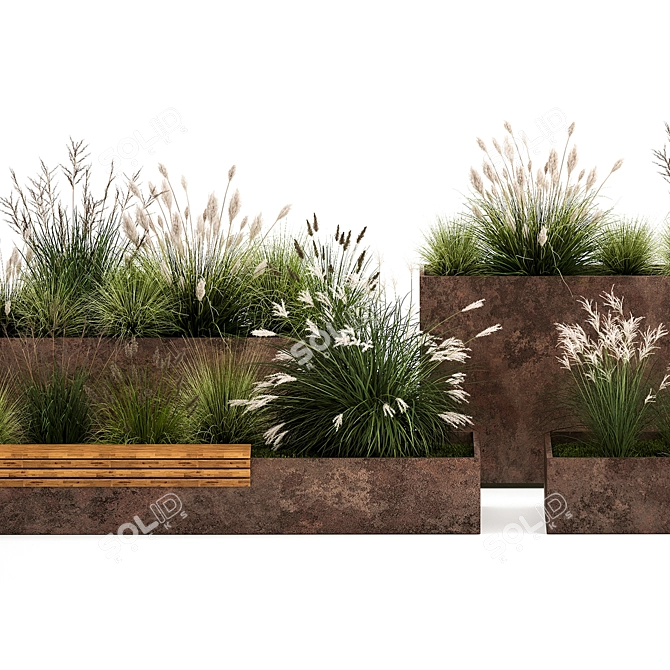 Urban Oasis Collection: Metal Bench & Rustic Planters 3D model image 10