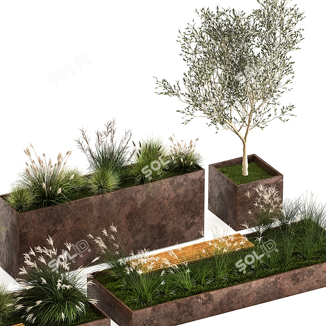 Urban Oasis Collection: Metal Bench & Rustic Planters 3D model image 11