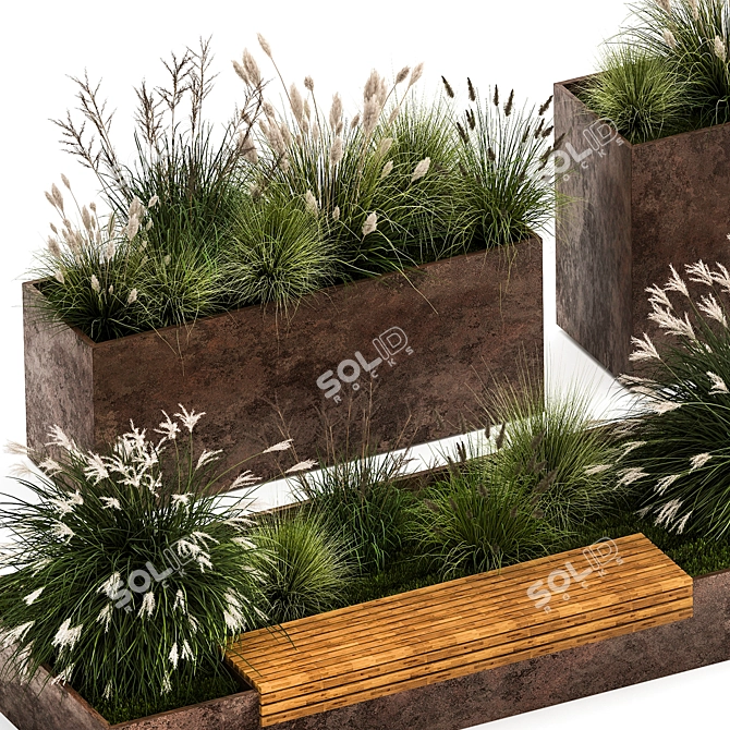 Urban Oasis Collection: Metal Bench & Rustic Planters 3D model image 12