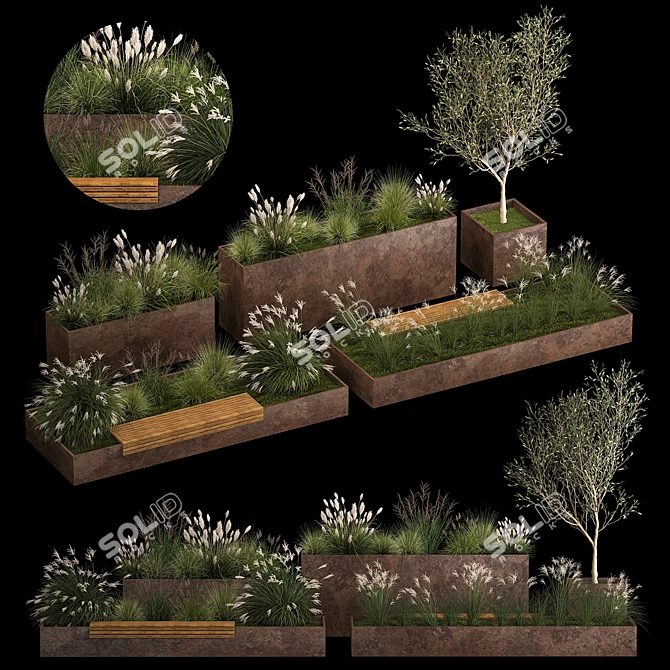 Urban Oasis Collection: Metal Bench & Rustic Planters 3D model image 13