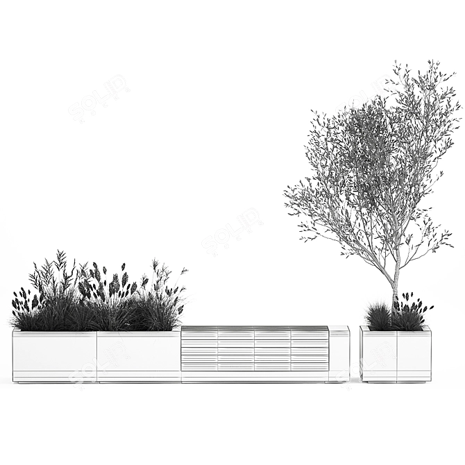 Urban Oasis Bench with Olive Tree & Shrubs 3D model image 7