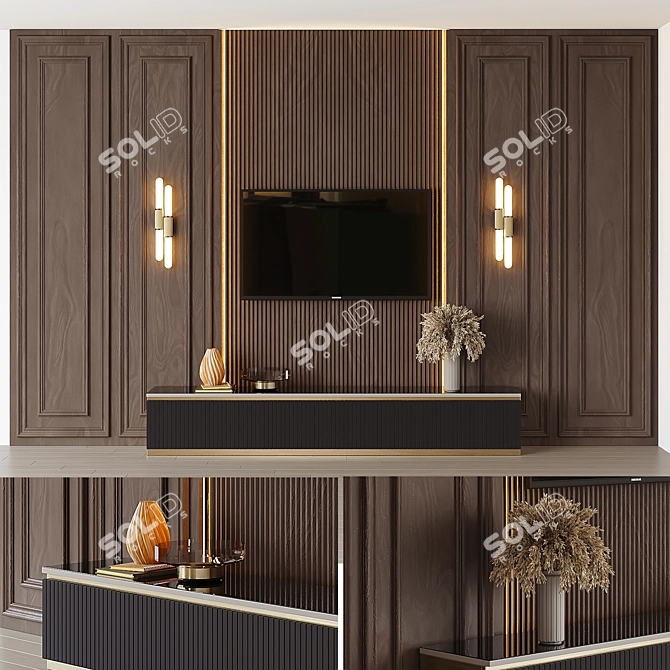 Title: Rustic Wooden TV Wall Shelf 3D model image 1