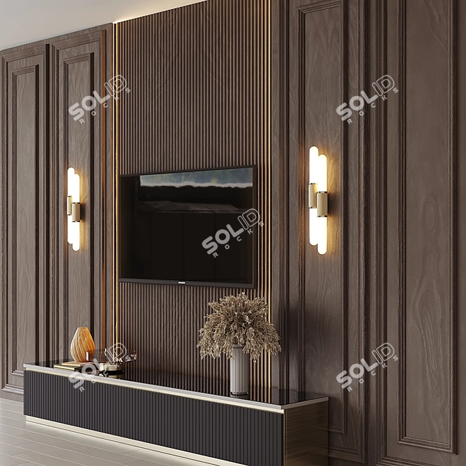 Title: Rustic Wooden TV Wall Shelf 3D model image 2