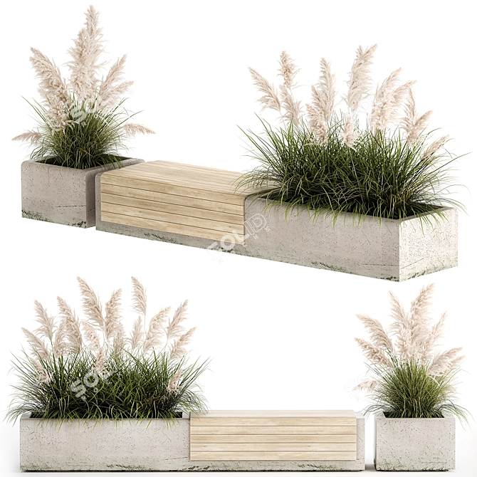 Urban Concrete Bench with Reeds & Pampas Grass 3D model image 1