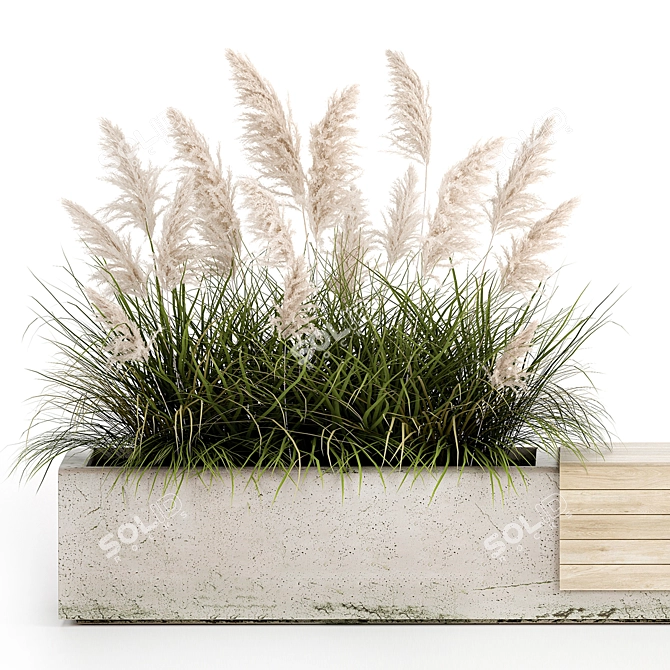 Urban Concrete Bench with Reeds & Pampas Grass 3D model image 2