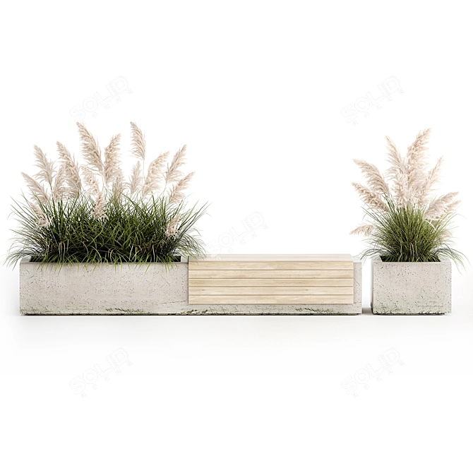 Urban Concrete Bench with Reeds & Pampas Grass 3D model image 3