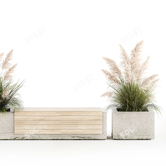 Urban Concrete Bench with Reeds & Pampas Grass 3D model image 4