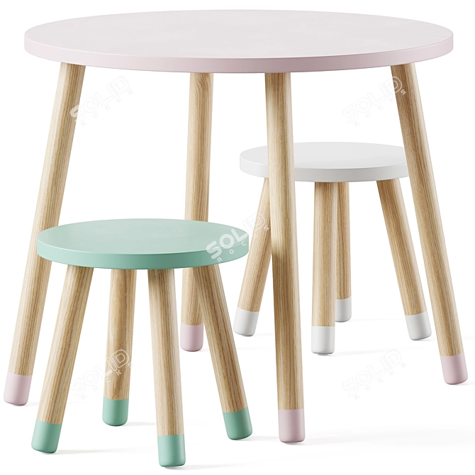 Wooden Kids Table & Stools 3D model image 1