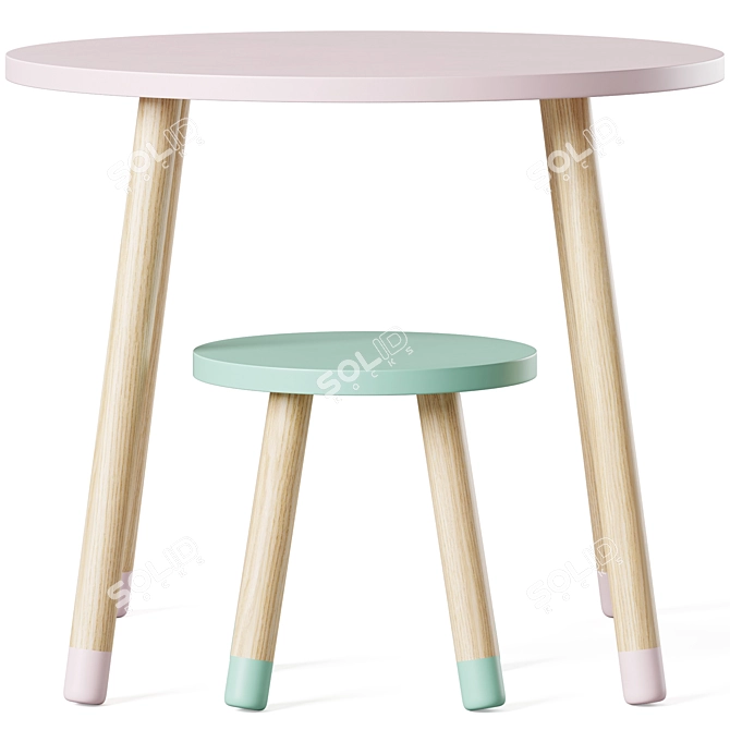 Wooden Kids Table & Stools 3D model image 2
