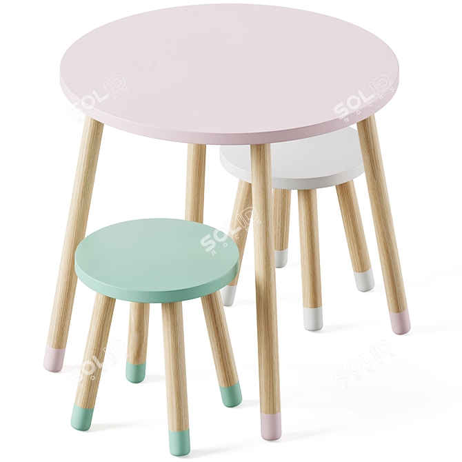 Wooden Kids Table & Stools 3D model image 4
