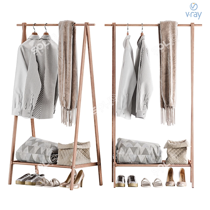 Wooden Clothing Rack with Shelf 3D model image 1