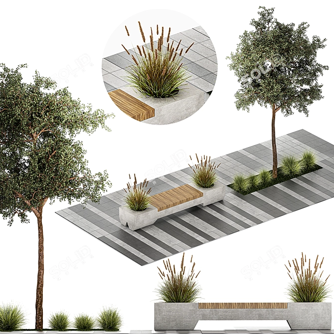 Urban Landscape Collection: Bench, Planters, Trees 3D model image 1