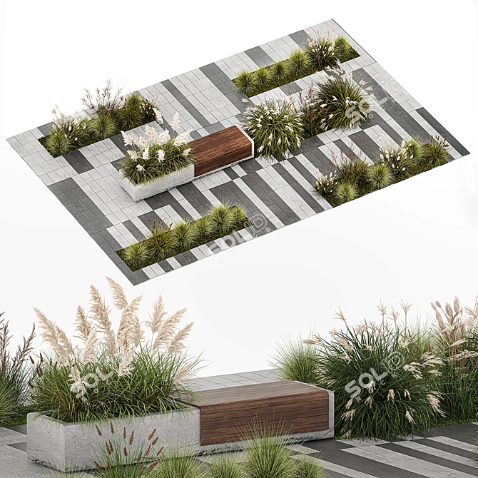 Urban Oasis Collection: Grasses & Benches 3D model image 1