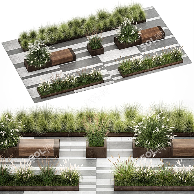 Urban Garden Bench with Rusty Metal and Ornamental Grasses 3D model image 1