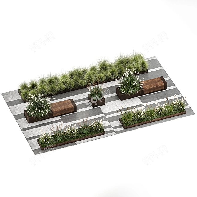 Urban Garden Bench with Rusty Metal and Ornamental Grasses 3D model image 5