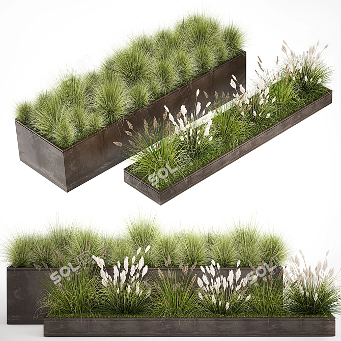 Rustic Metal Planter with Ornamental Grasses 3D model image 1