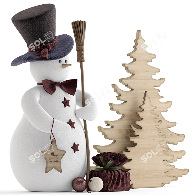 Festive Snowman & Wooden Tree 3D model image 1