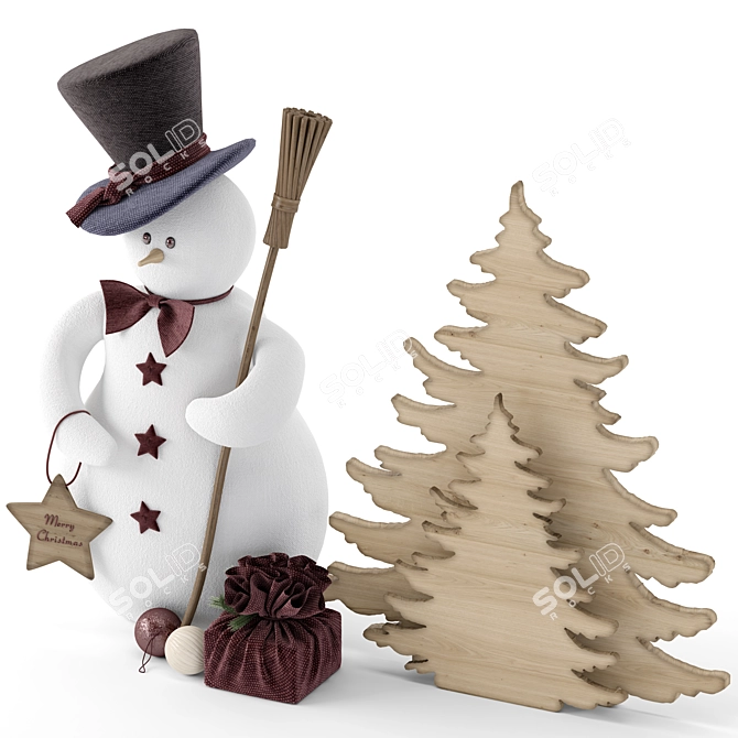 Festive Snowman & Wooden Tree 3D model image 2