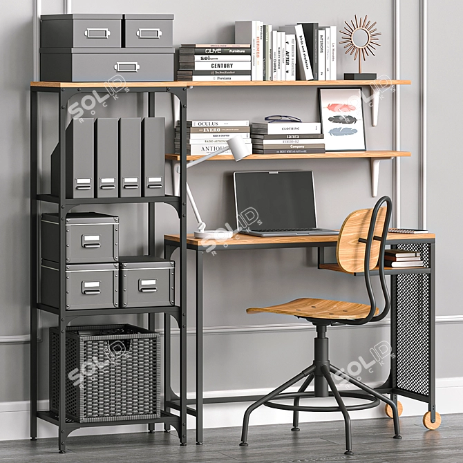 Modern Home Office Collection: Laptop Table, Swivel Chair, Shelving Unit & Rattan Basket 3D model image 1