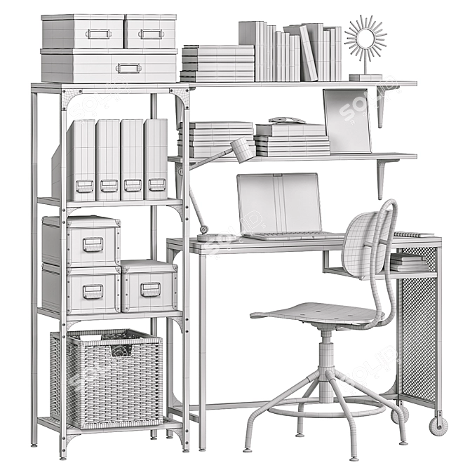 Modern Home Office Collection: Laptop Table, Swivel Chair, Shelving Unit & Rattan Basket 3D model image 2