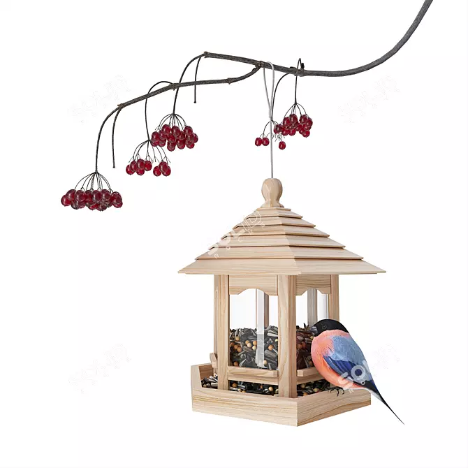 Wooden Bird Feeder with Kalina 3D model image 1