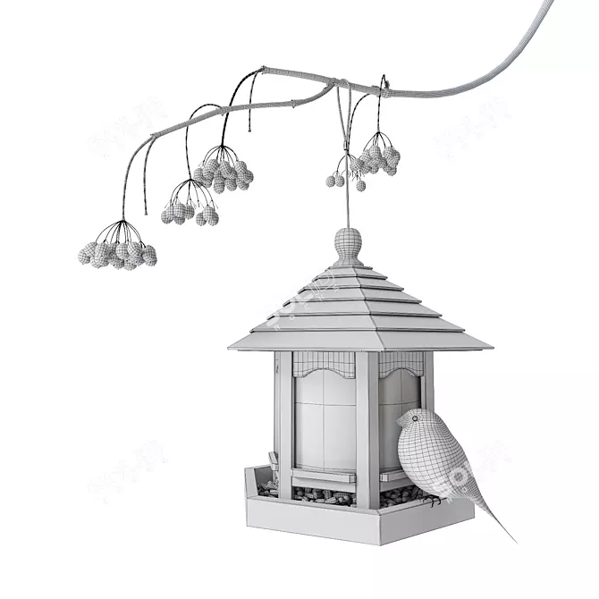 Wooden Bird Feeder with Kalina 3D model image 2