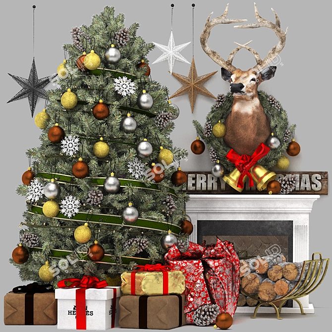 Festive Christmas Tree Fireplace 3D 3D model image 1