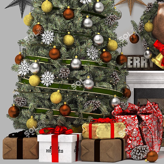 Festive Christmas Tree Fireplace 3D 3D model image 3