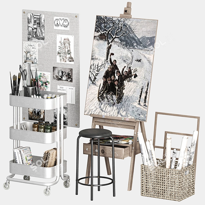 Artist Easel & Utility Cart Set 3D model image 1