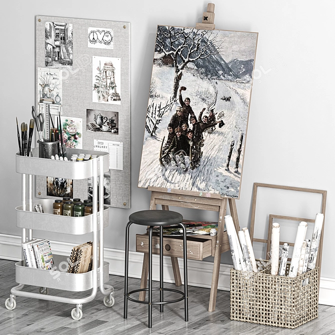 Artist Easel & Utility Cart Set 3D model image 2