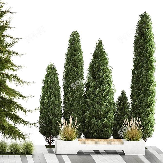 Urban Greenery Collection: Bench and Evergreens 3D model image 4