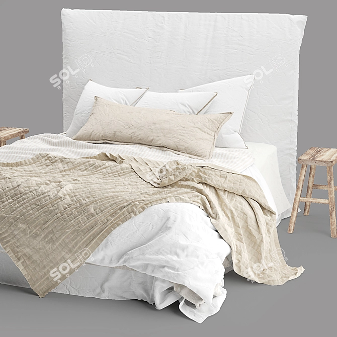 Luxury Linen Bed with Bedhead 3D model image 3