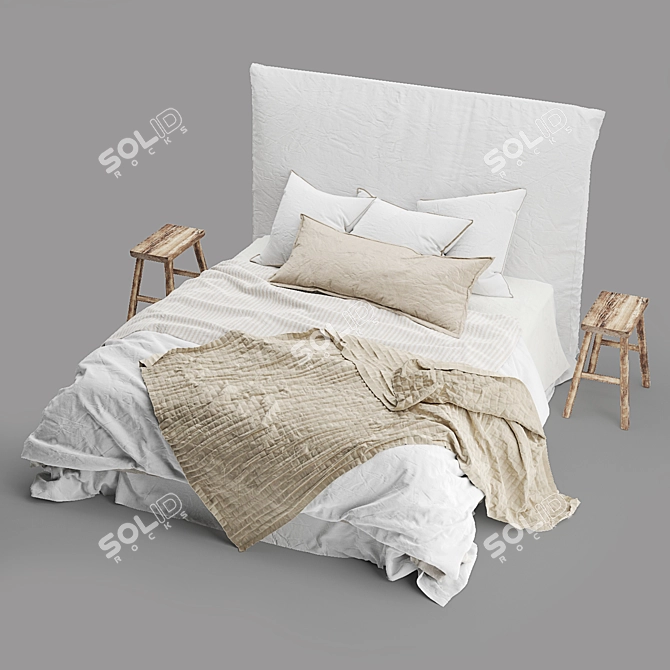 Luxury Linen Bed with Bedhead 3D model image 4