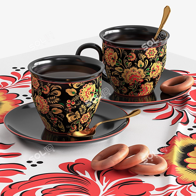 Hand-Painted Samovar Set with Hohloma Design 3D model image 9