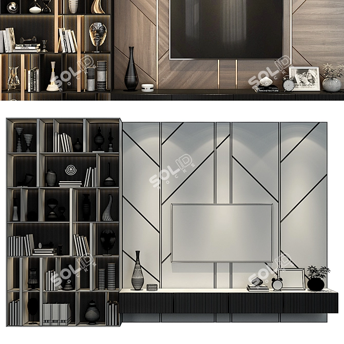 Modern Plywood TV Wall Decor 3D model image 2