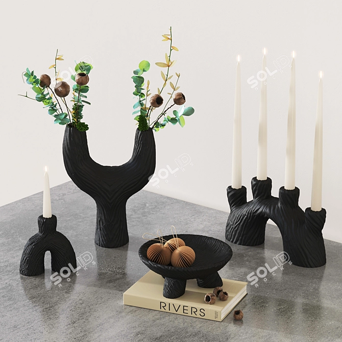 Textured Stoneware Candlestick Decor Set 3D model image 2