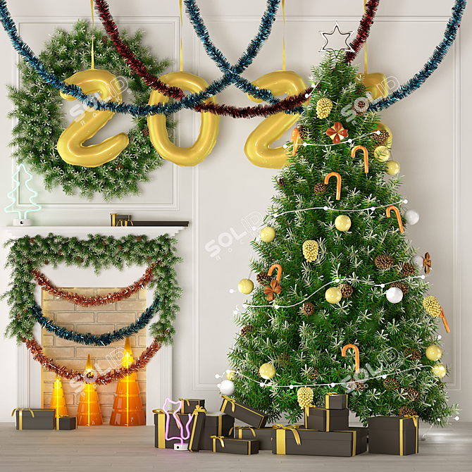  New Year Tree Decoration Set 3D model image 1