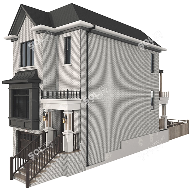 Modern Brick House Pitched Roof 3D model image 12