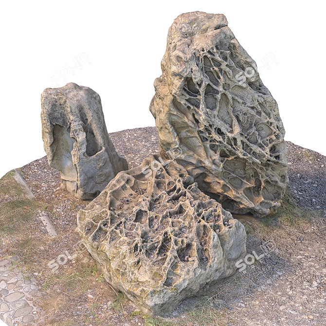 3 Stone Composition with Grass 3D model image 4