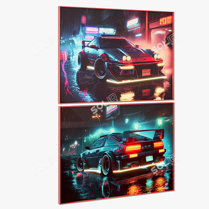 Futuristic Cars Neon Posters Set 3D model image 2