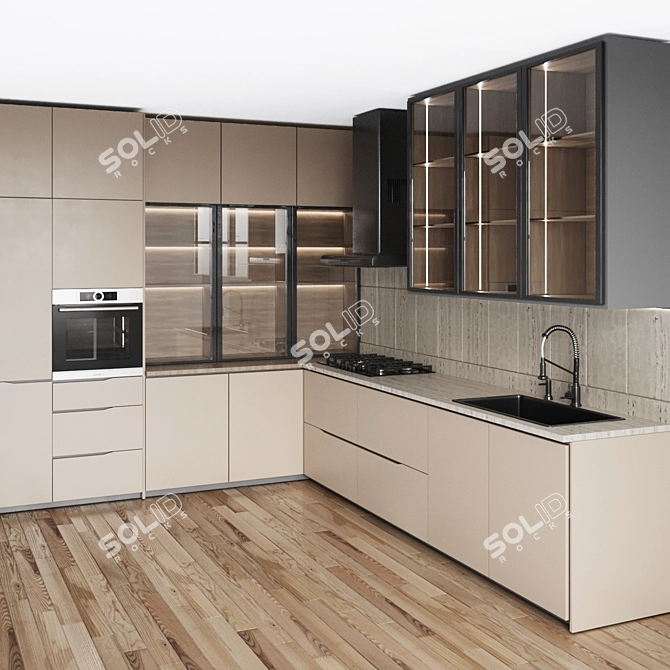 Modern L-Shape Minimalist Kitchen 3D 3D model image 1