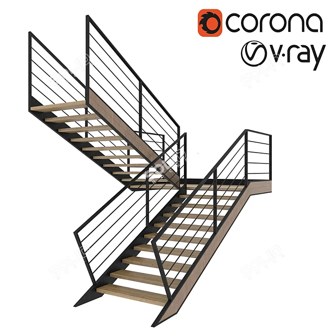 Modern Wooden Staircase with Metal Railing 3D model image 1