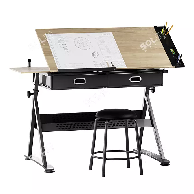 Adjustable Drawing Table with Chair 3D model image 1