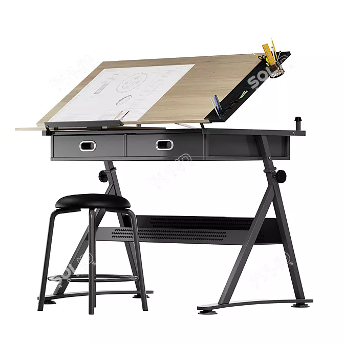 Adjustable Drawing Table with Chair 3D model image 4