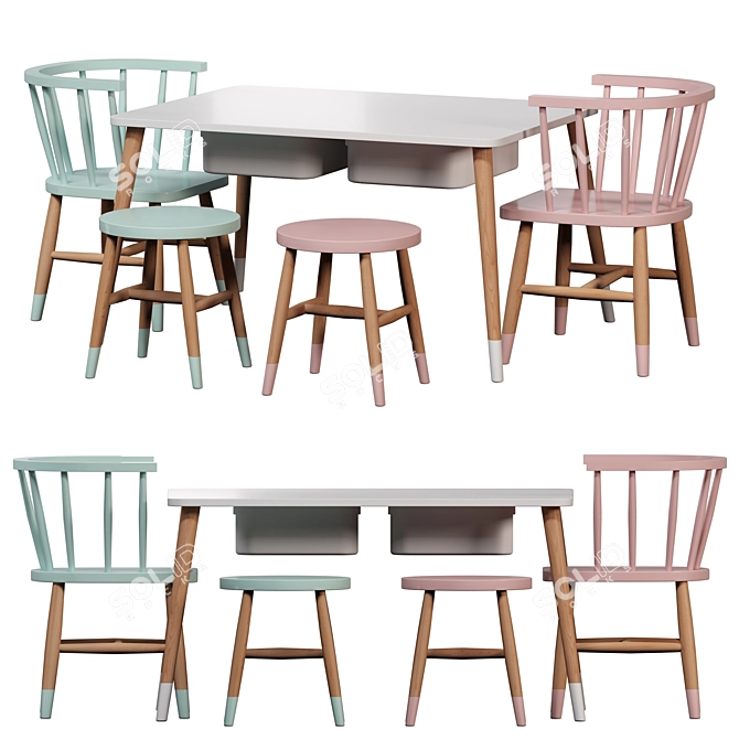 Kids Wood Table Chair Set 3D model image 1