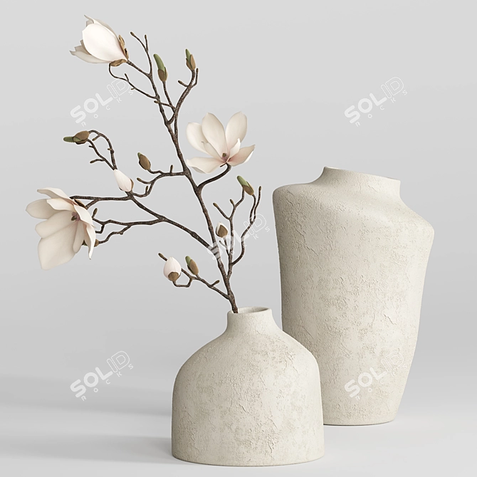 Nordic Terracotta Vases with Magnolia 3D model image 1